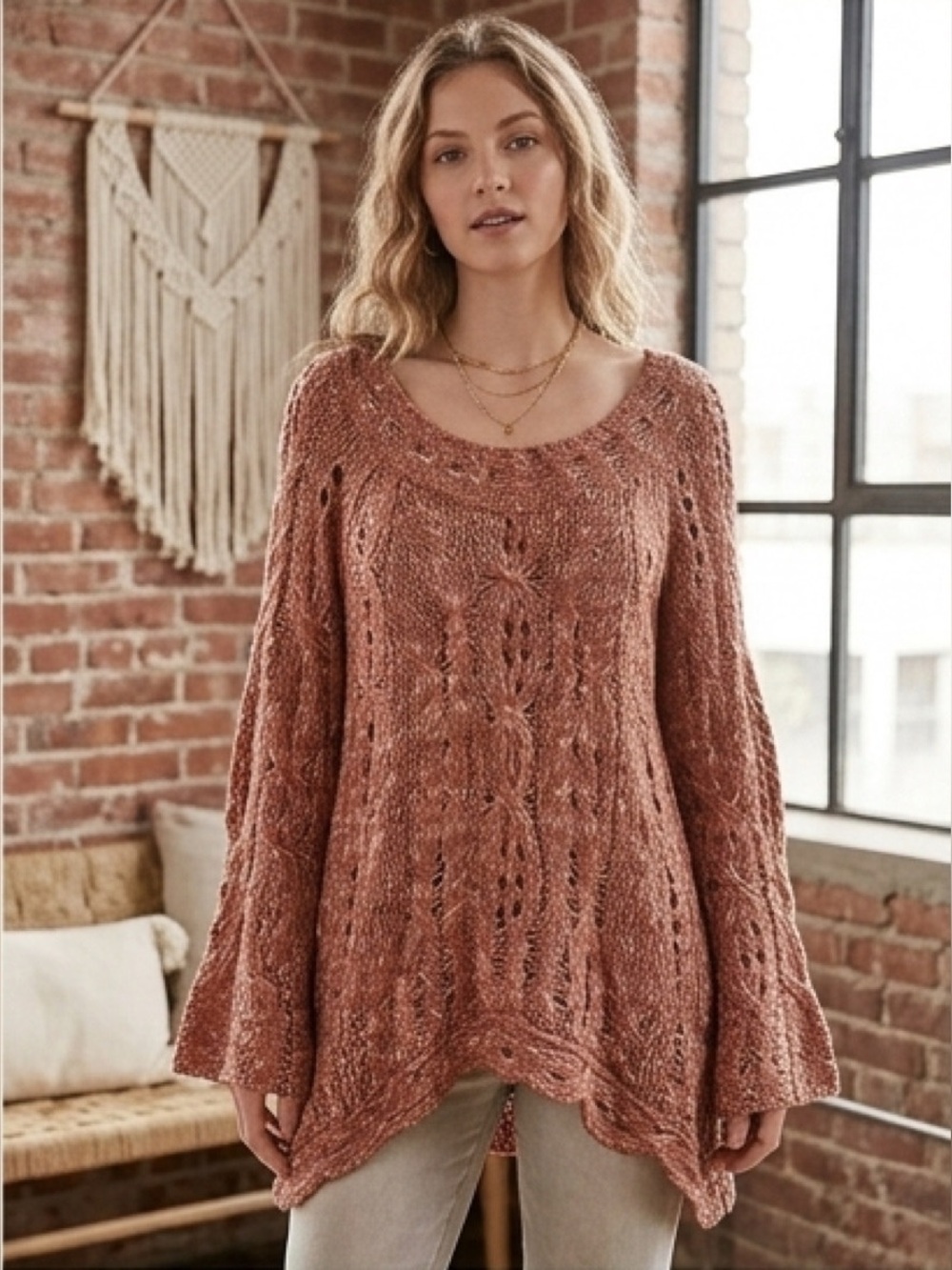 Free People Cable Knit Oversized Sweater Mauve Tan Bell Sleeve Size Sm Alpaca